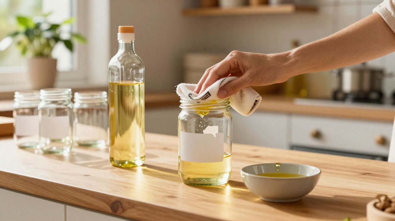 Mão a limpar frasco com óleo vegetal numa cozinha moderna com garrafas e recipientes no balcão de madeira.
