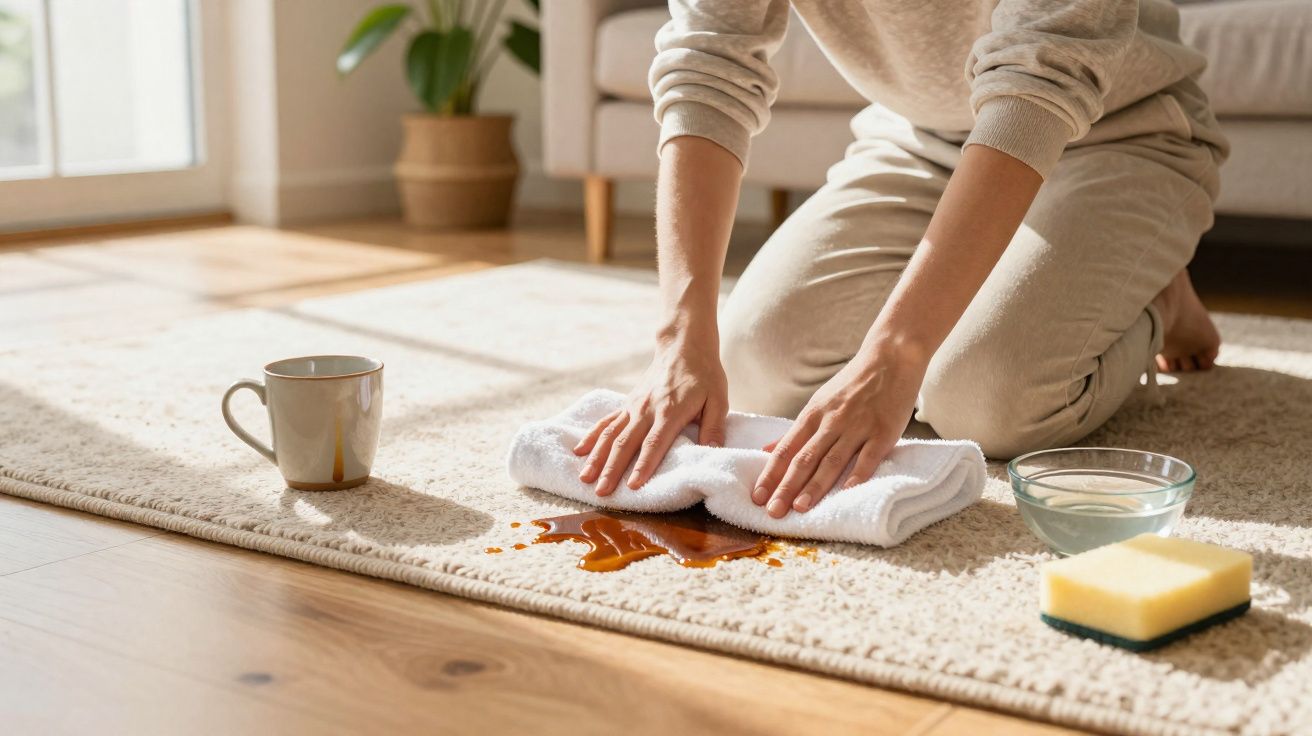 Pessoa a limpar um derrame de café num tapete claro com um pano branco, esponja e tigela de água ao lado.