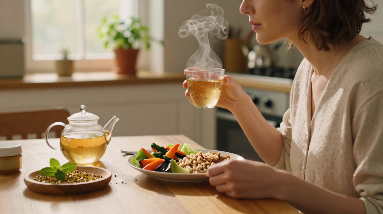 Mulher a beber chá quente acompanhando uma refeição saudável com legumes e cereais na cozinha.