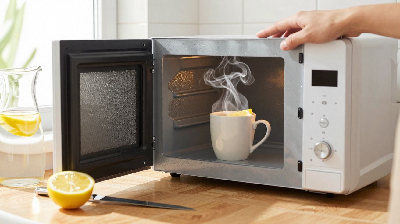 Mão a abrir micro-ondas com chá a ferver numa chávena no interior e limão cortado ao meio na bancada.