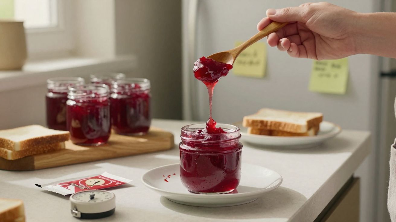 Mão a pegar geleia vermelha com colher de pau em frasco de vidro na cozinha com pão e mais frascos ao fundo.