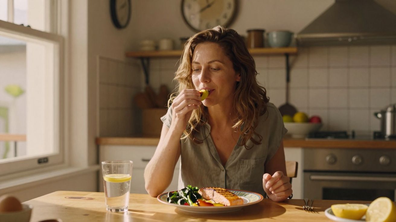 Mulher a comer salada e salmão numa cozinha luminosa, segurando uma fatia de limão.