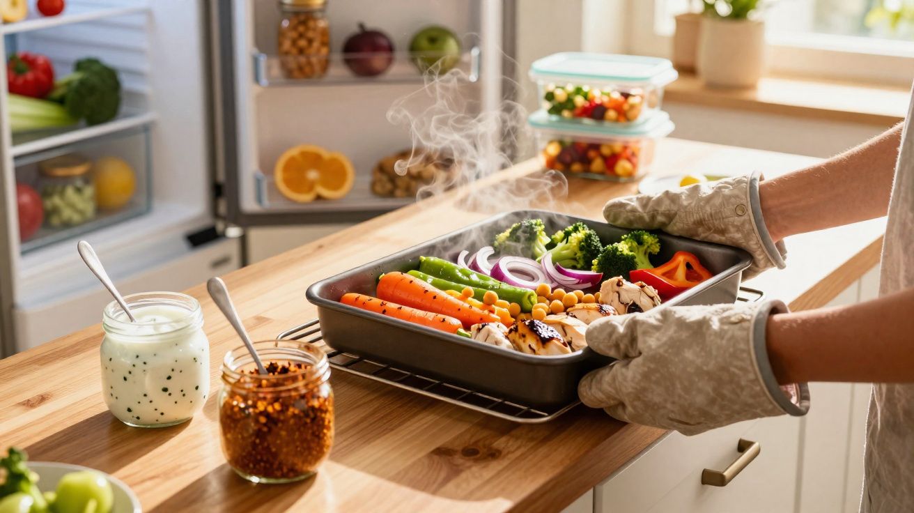 Pessoa a retirar tabuleiro com legumes cozinhados do forno numa cozinha moderna.