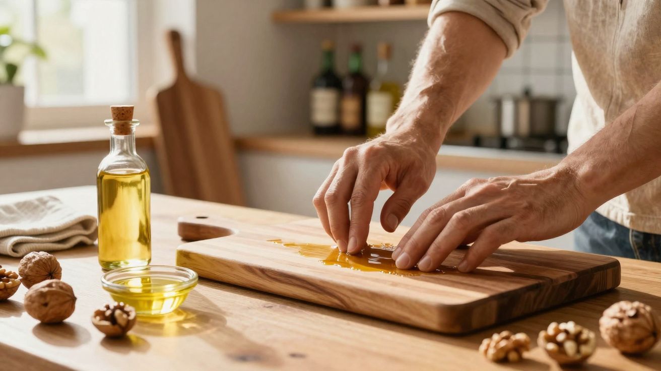 Pessoa a partir nozes sobre uma tábua de madeira numa cozinha iluminada natural.