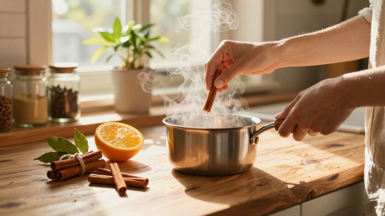 Mãos a colocar canela num tacho com vapor numa cozinha iluminada, com laranja e paus de canela na bancada.