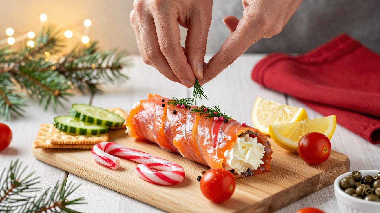Mãos a decorar prato com salmão fumado recheado com queijo, legumes e doces em tábua de madeira.