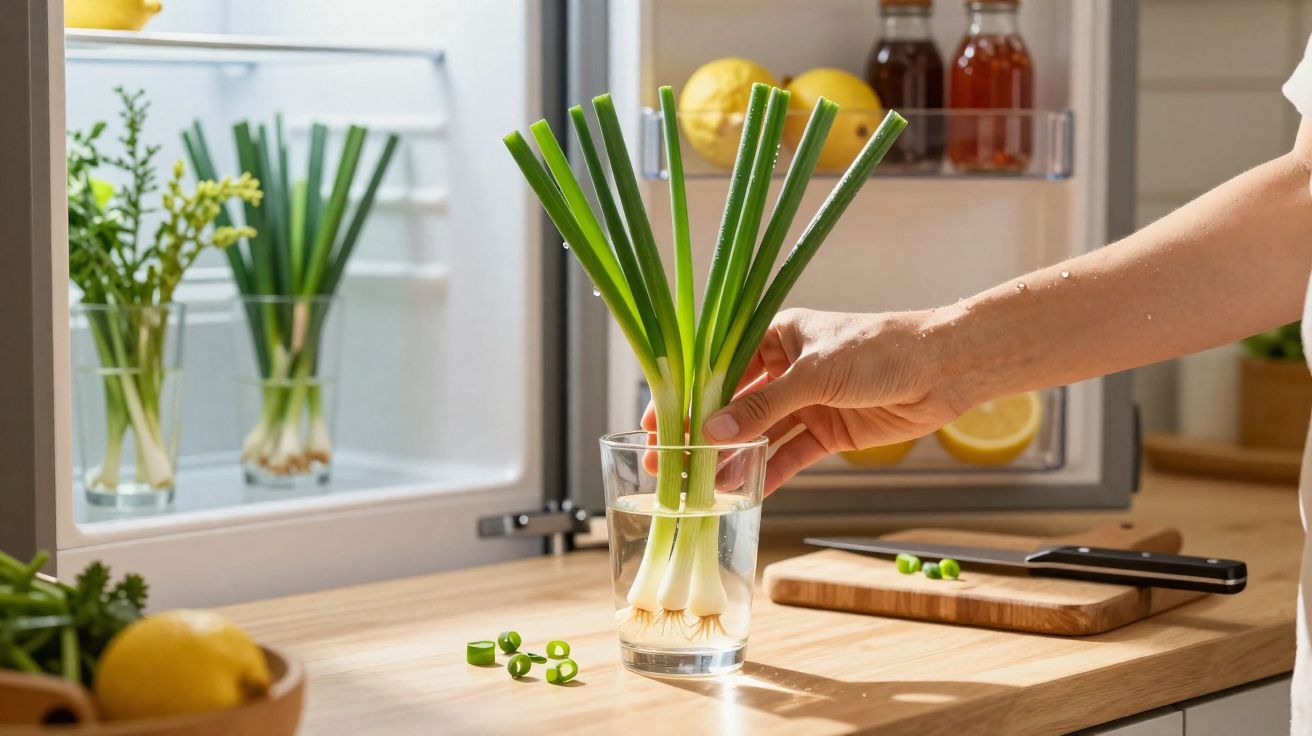 Pessoa a colocar cebolinhas verdes num copo com água na cozinha iluminada.