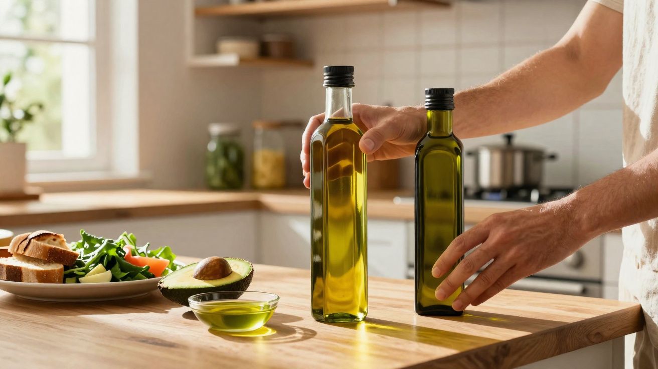 Mãos a segurar garrafas de azeite sobre bancada com abacate, salada e pão numa cozinha luminosa.