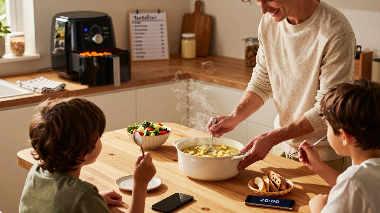 Homem a servir sopa quente para duas crianças sentadas à mesa numa cozinha luminosa.