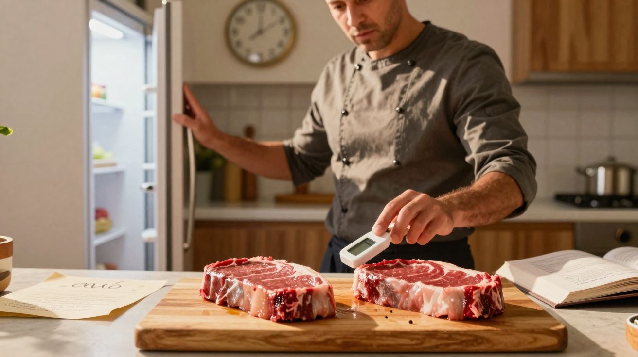 Homem a medir a temperatura de duas peças de carne crua numa tábua de corte numa cozinha.