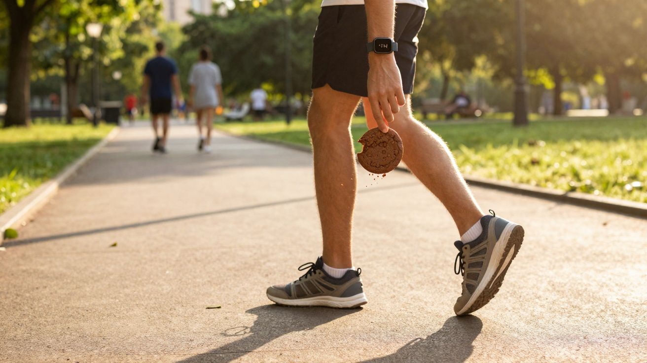 Pessoa a caminhar num parque com ténis cinzentos, a segurar uma bolacha com uma dentada.