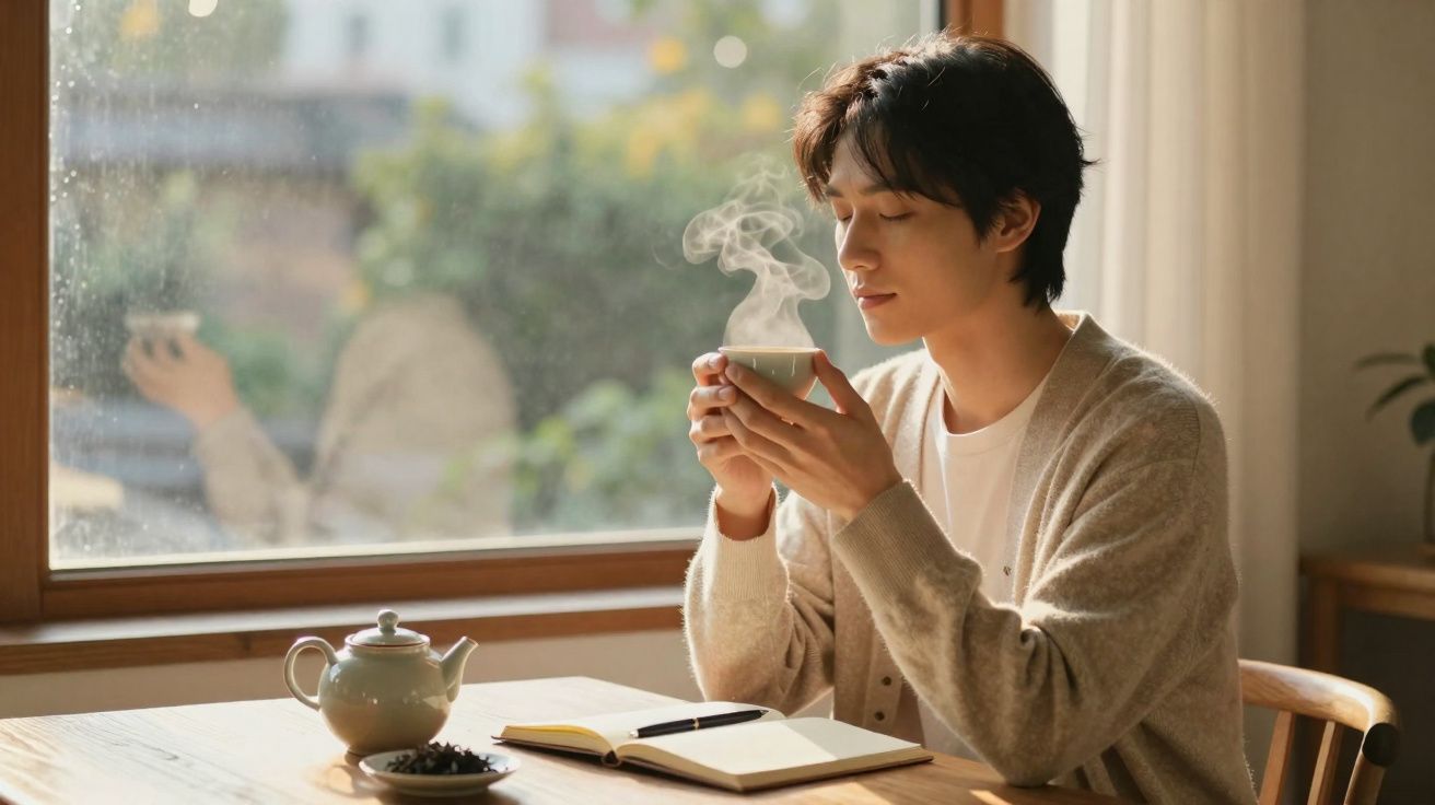 Jovem sentado junto a janela, a desfrutar de uma chávena de chá quente com olhos fechados e bloco de notas à frente.