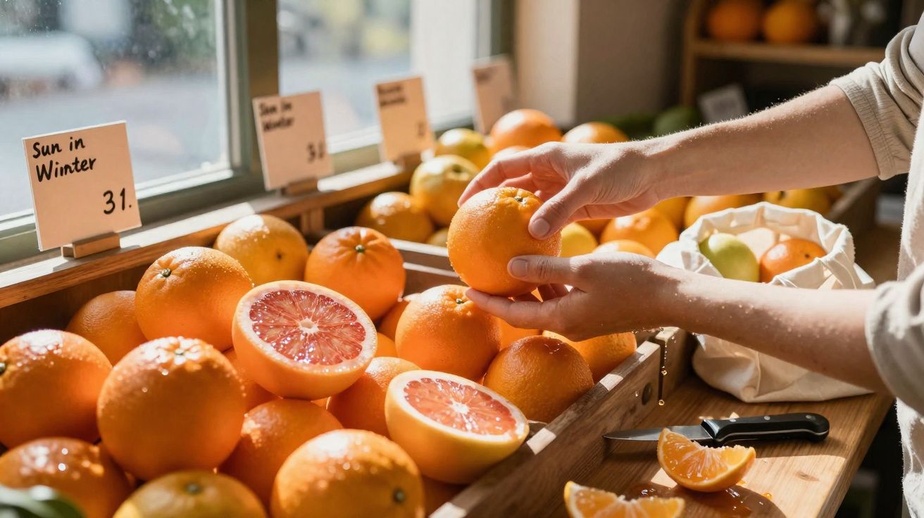 Pessoa a escolher laranja numa banca de frutas com limões e sinalização "Sun in Winter" à beira da janela.