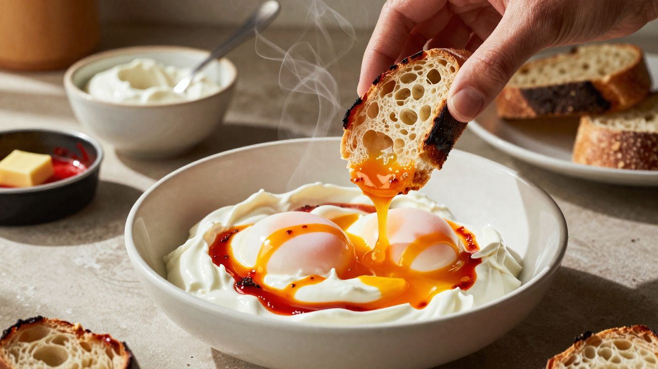 Pão torrado a ser mergulhado em ovos com molho picante e creme num prato raso, com vapor a subir.