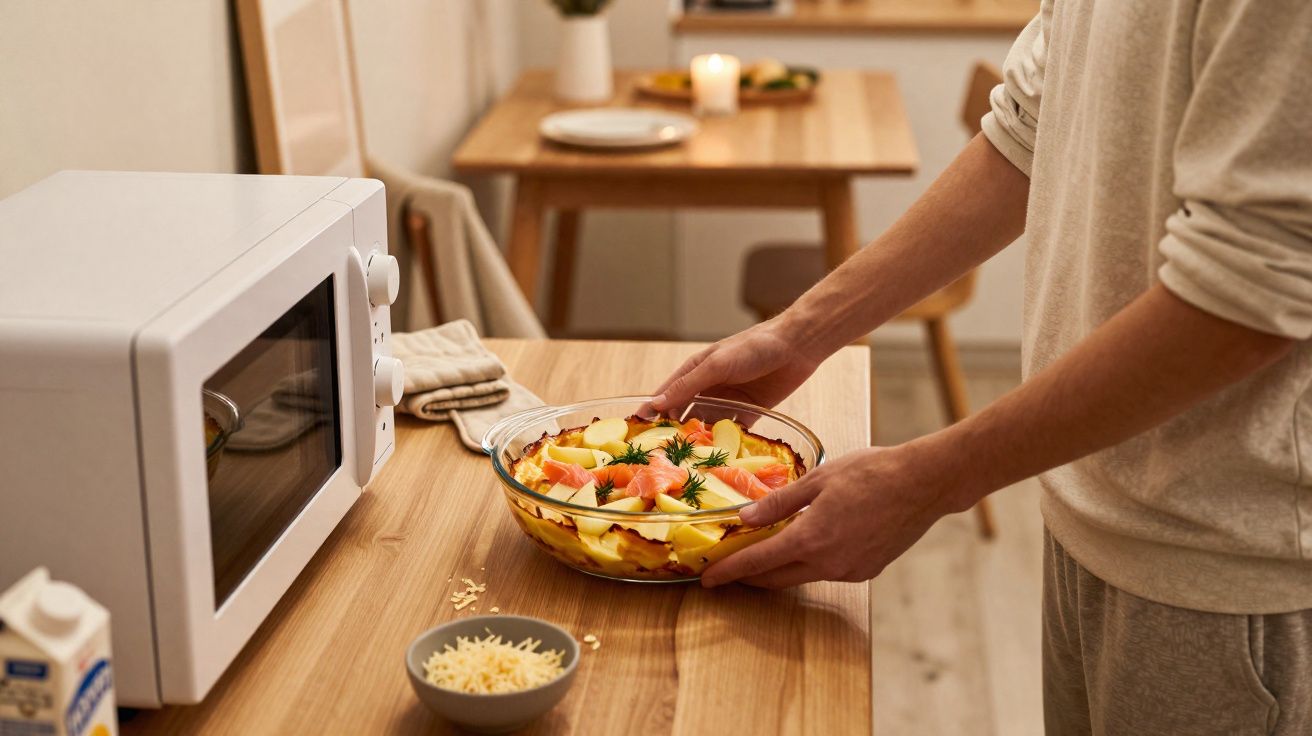 Pessoa a retirar um prato de forno com salmão e legumes na cozinha acolhedora.