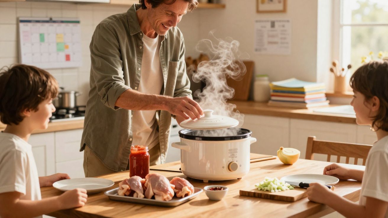 Homem a cozinhar com panela lenta enquanto crianças aguardam na cozinha iluminada.