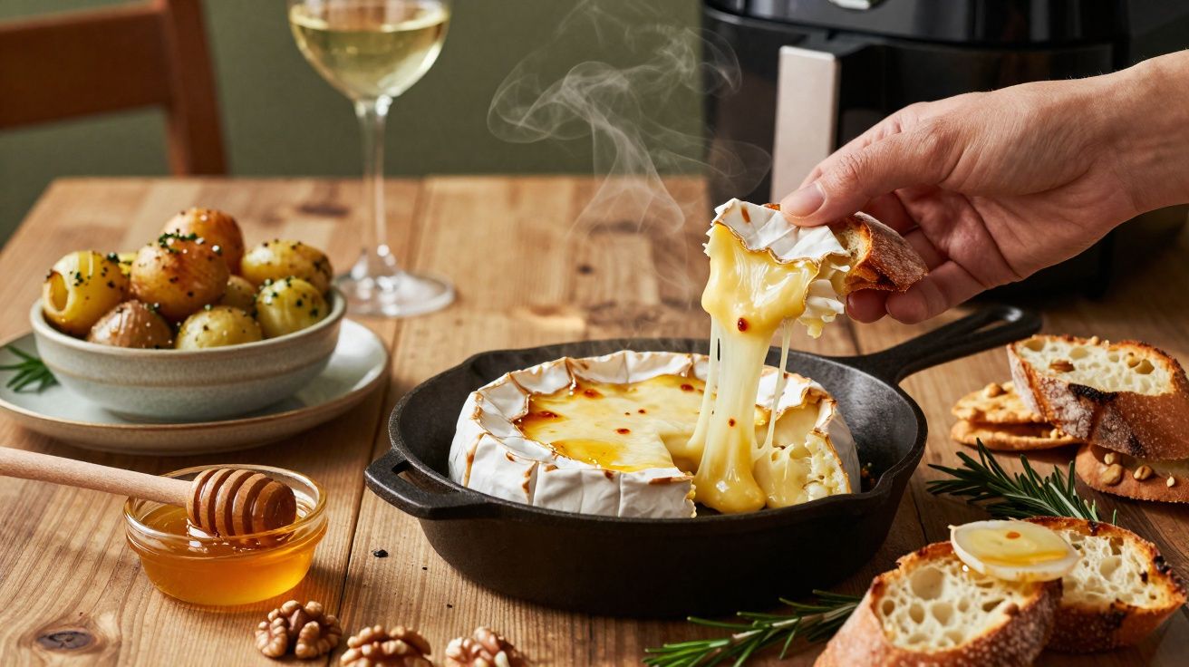 Queijo Camembert derretido numa frigideira, servido com pão, mel, nozes e batatas temperadas.