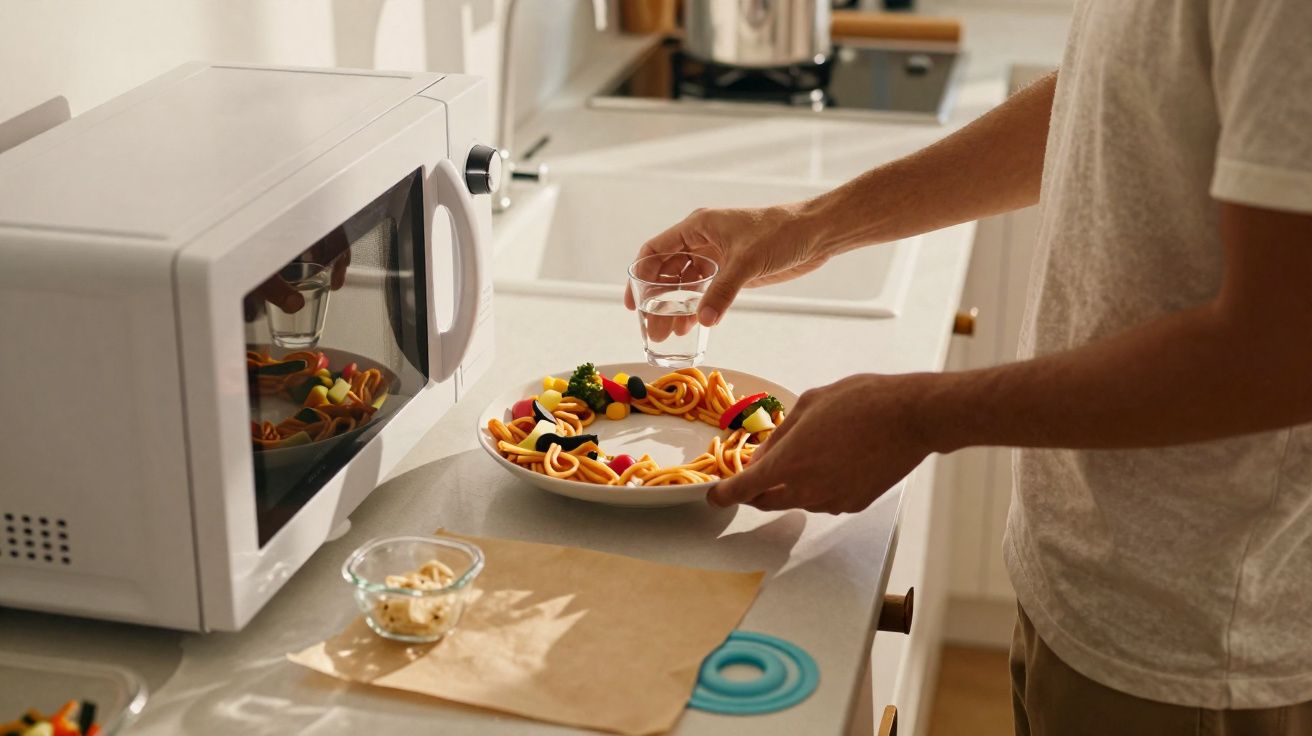 Pessoa a preparar prato com massa e legumes na cozinha junto ao micro-ondas, segurando copo de água.