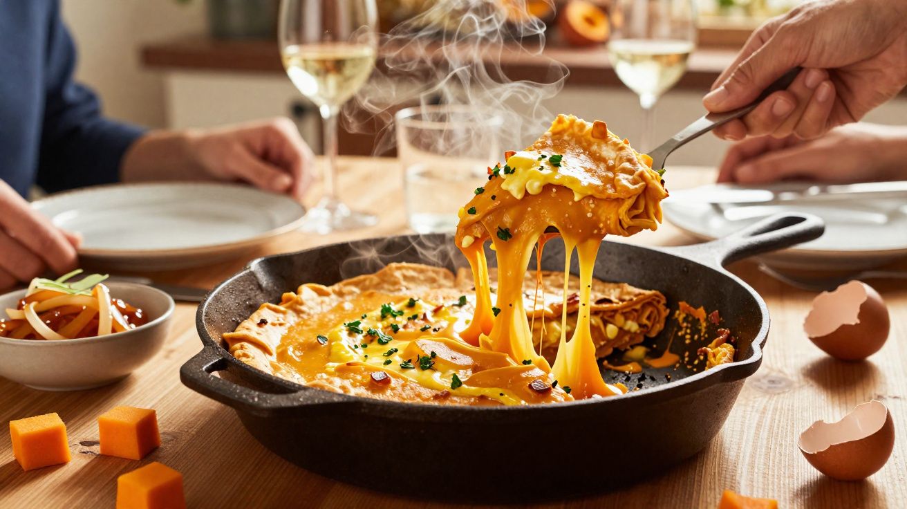 Panqueca quente com queijo derretido numa frigideira preta, com pessoas ao fundo a preparar-se para comer.