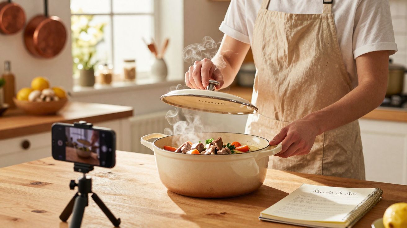Pessoa com avental a levantar tampa de panela com comida a cozinhar, registando vídeo na cozinha.