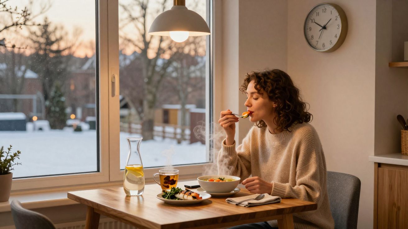 Mulher a comer sopa quente à mesa junto à janela numa manhã fria de inverno.