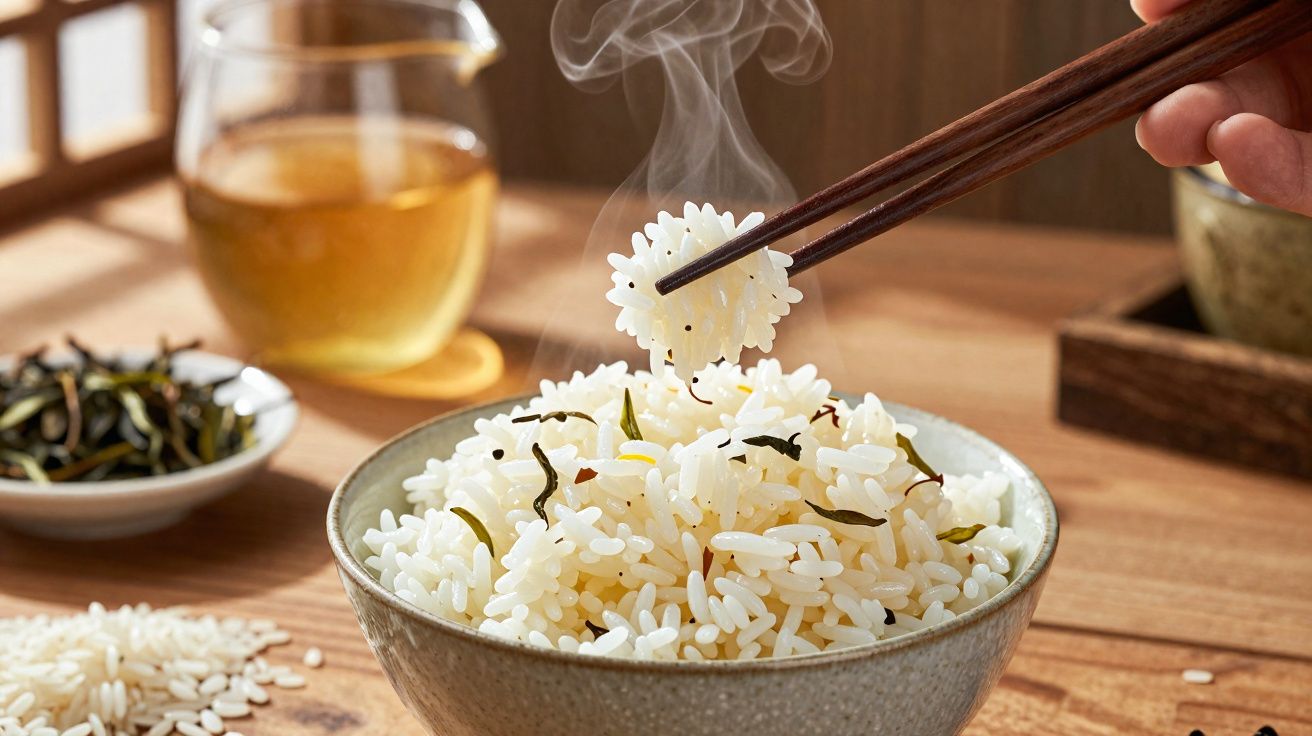 Tigela de arroz cozido com algas a ser apanhado com pauzinhos, com chá e ingredientes ao fundo.