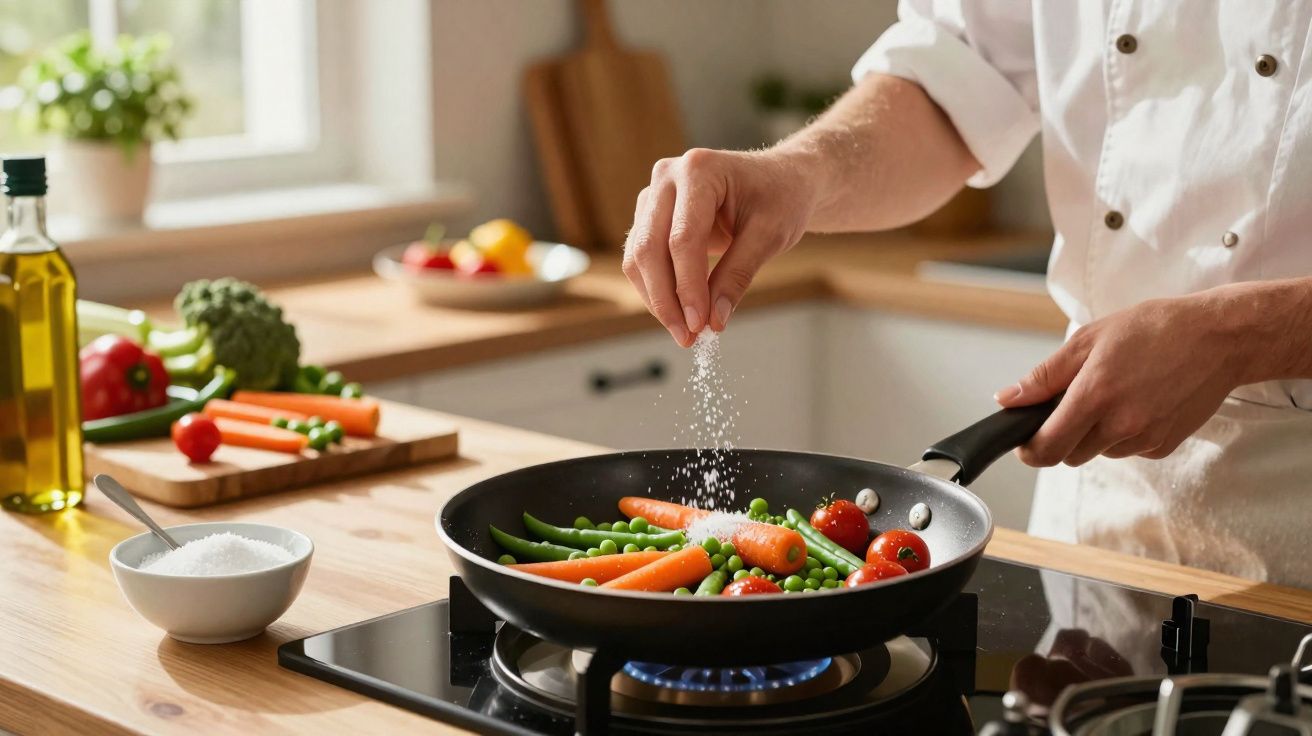 Cozinheiro a temperar legumes frescos numa frigideira sobre um fogão a gás numa cozinha iluminada.