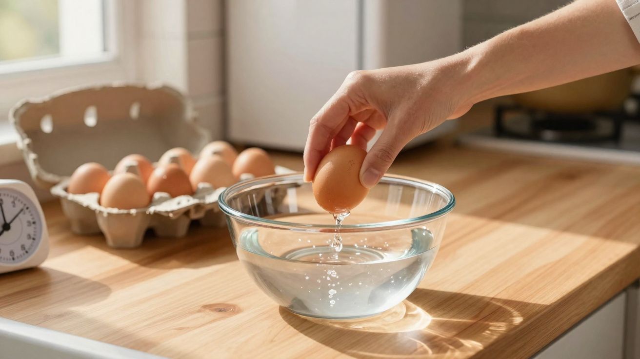 Mão a mergulhar um ovo na água num recipiente de vidro numa cozinha iluminada.