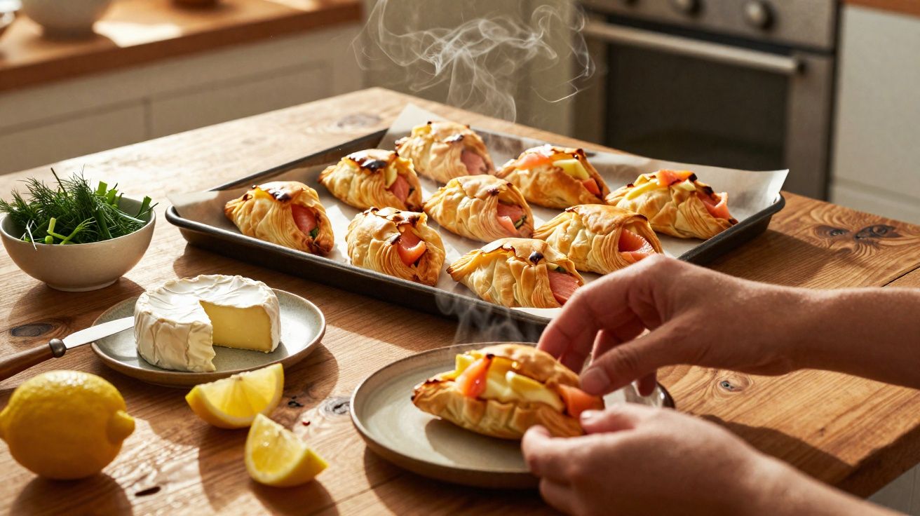 Folhados quentes com salmão fumado numa travessa, mãos a pegar um folhado, limão, queijo e ervas numa mesa de madeira.