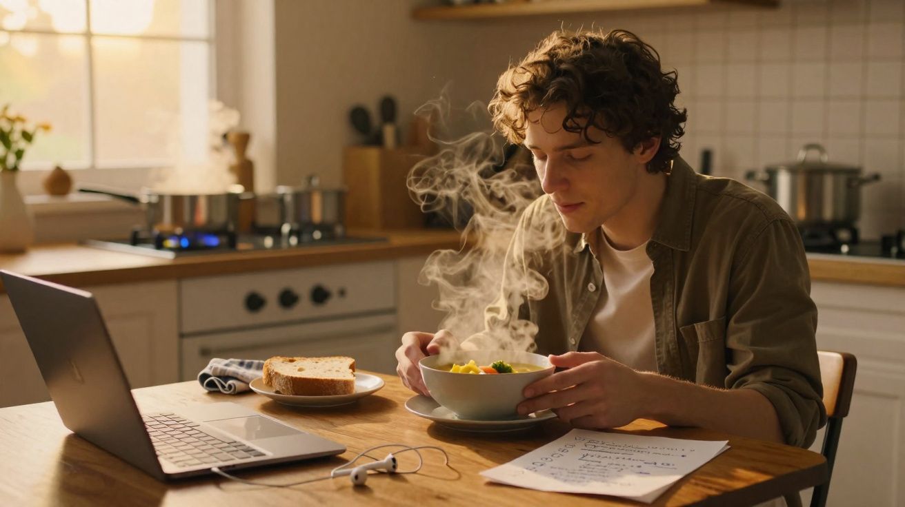 Jovem sentado à mesa a cheirar uma tigela de sopa quente, com computador e notas à sua frente.