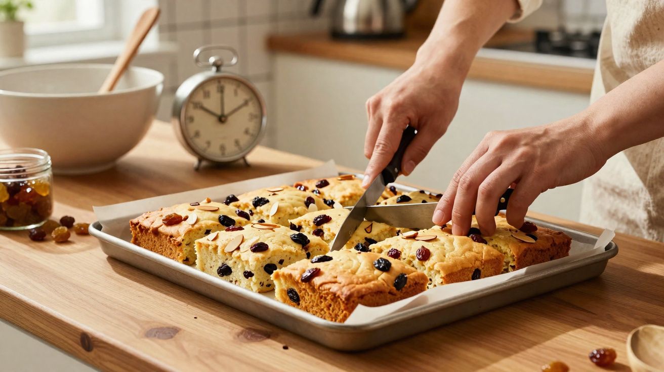 Mãos a cortar bolo caseiro com frutos secos numa tabuleiro sobre bancada de cozinha.