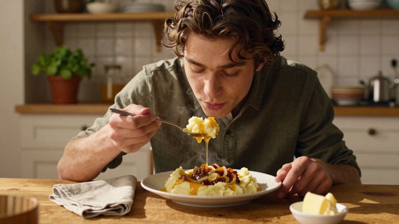 Homem jovem a comer puré de batata com cebola caramelizada, sentado à mesa numa cozinha acolhedora.
