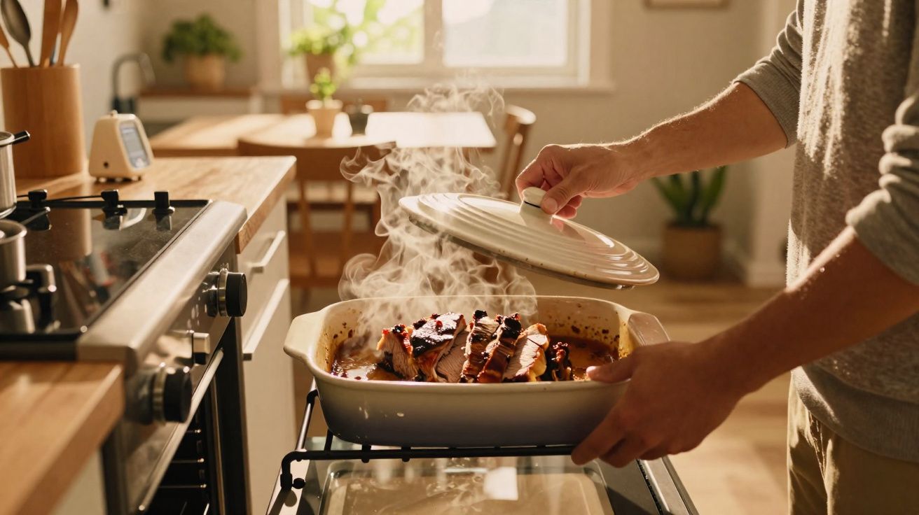 Pessoa a retirar tampa de assadeira com carne quente e fumegante numa cozinha moderna e iluminada.