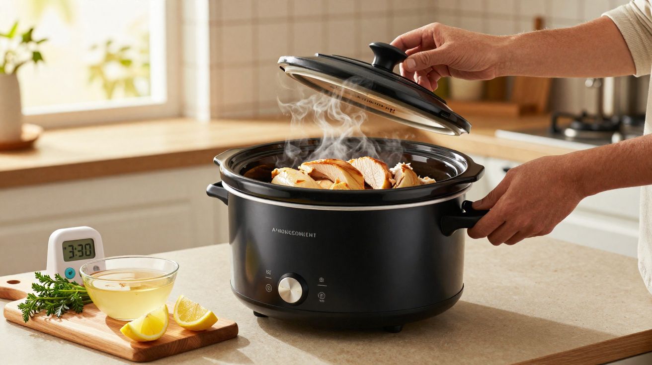 Mãos a levantar tampa de panela elétrica preta com comida a cozinhar e vapor na cozinha moderna.