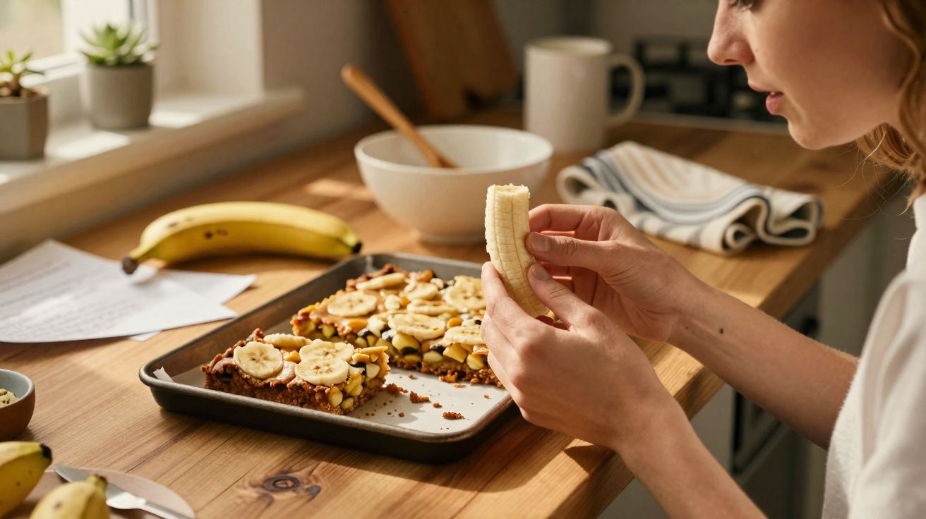 Pessoa a descascar uma banana junto a tabuleiro com barras de granola decoradas com banana, numa cozinha iluminada.