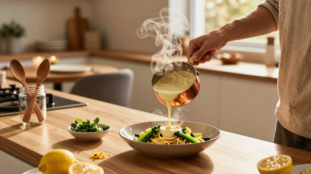 Pessoa a verter molho quente sobre prato de massa com legumes numa cozinha moderna e iluminada.