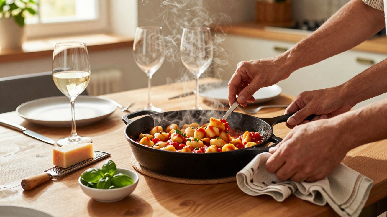 Mãos a servir nhoque fumegante com molho de tomate numa frigideira preta numa mesa de madeira.