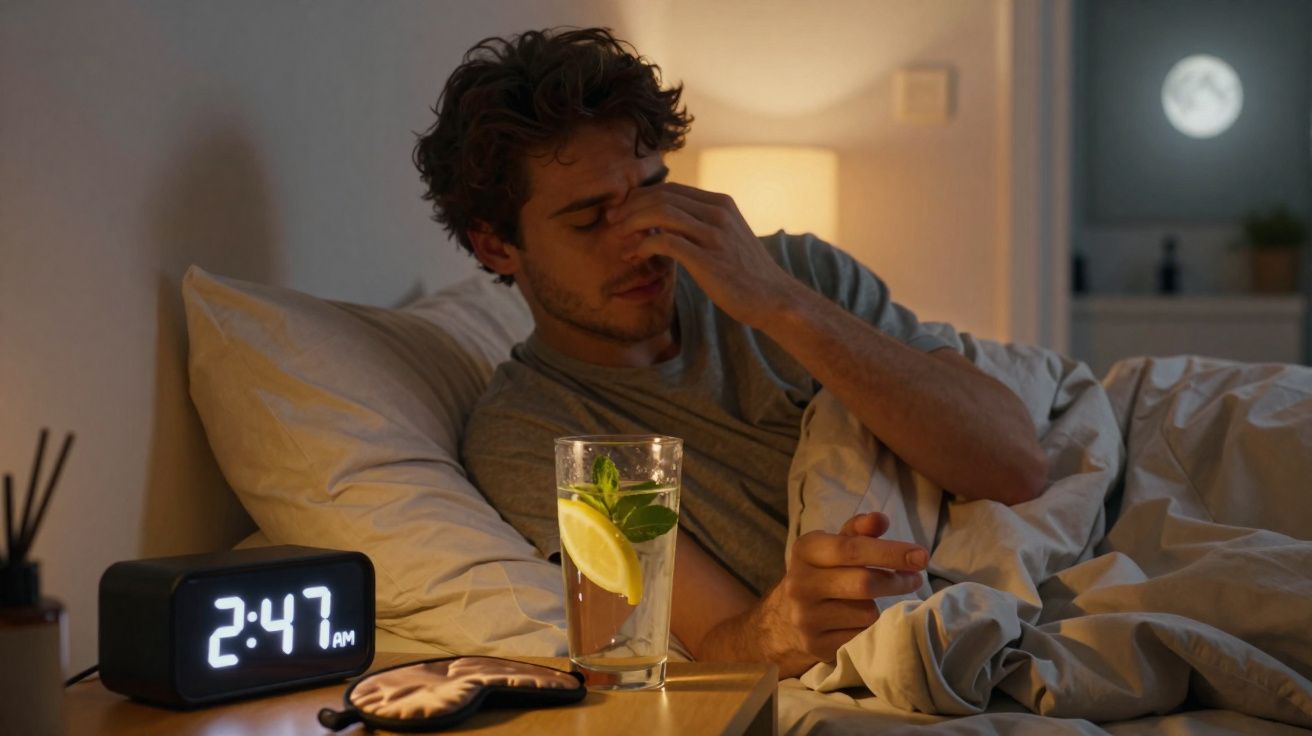 Homem acordado a meio da noite deitado na cama, com expressão de cansaço e um copo de água na mesa de cabeceira.