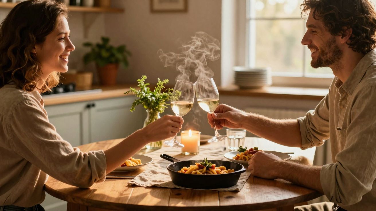 Casal a brindar com vinho branco durante jantar romântico caseiro numa cozinha iluminada pela luz natural.