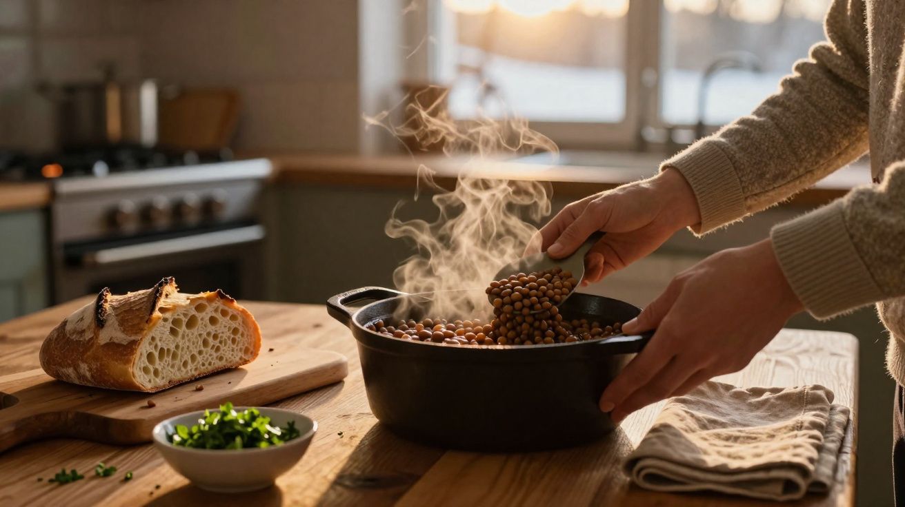 Mãos a cozinhar feijão num tacho preto, pão cortado e ervas numa cozinha com luz natural.