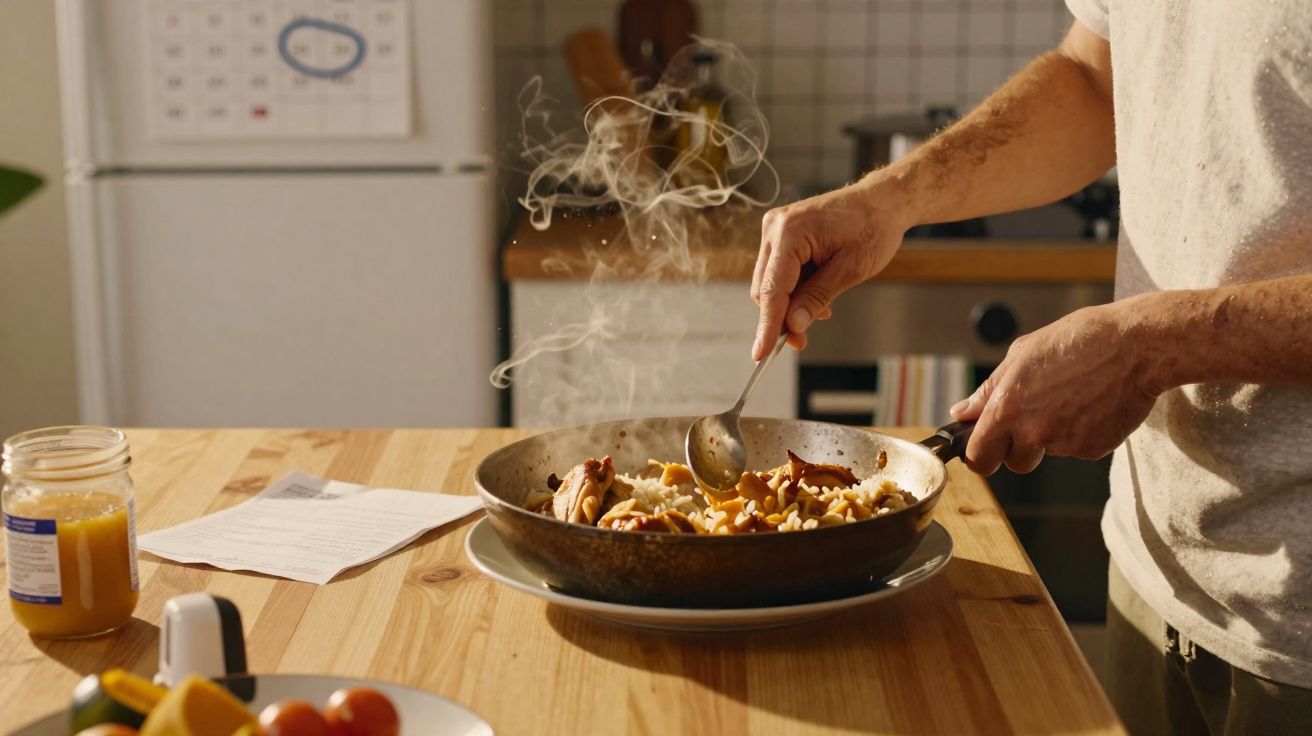 Pessoa a cozinhar pratos quentes numa frigideira com ingredientes variados numa cozinha doméstica.