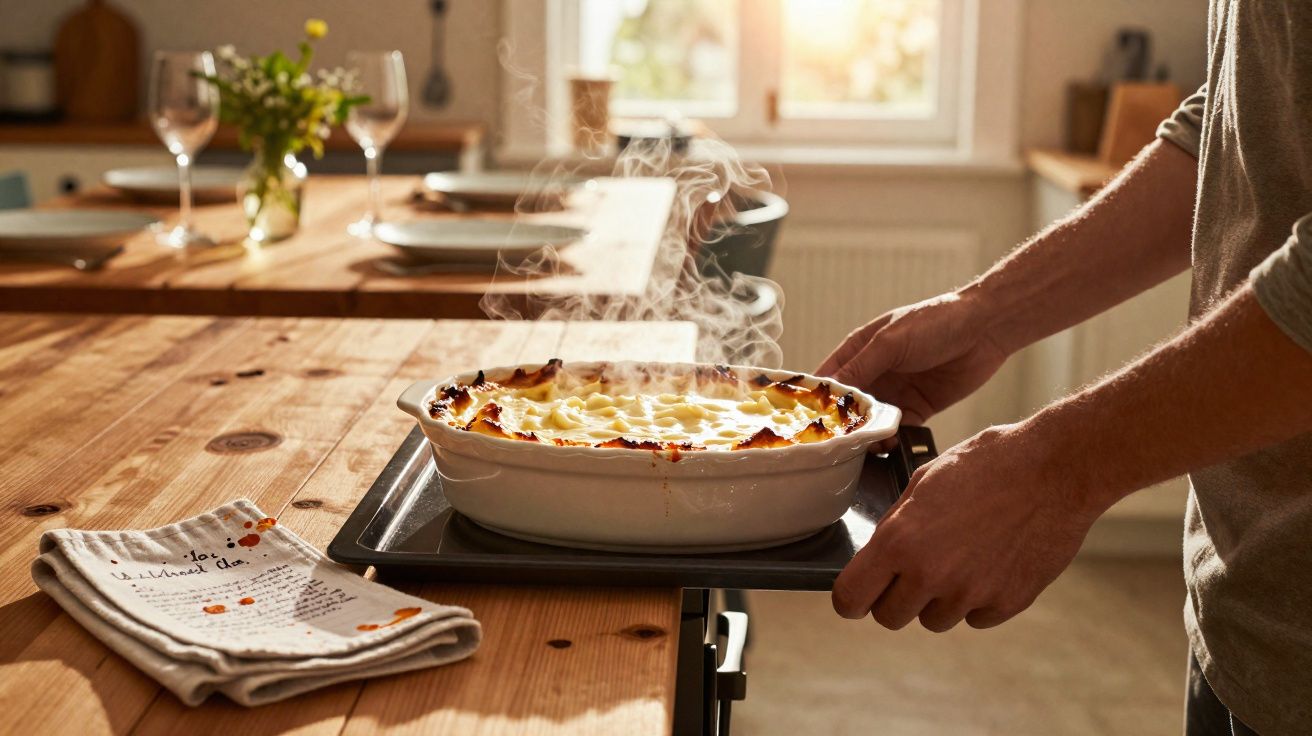 Pessoa a tirar um prato fumegante com lasanha do forno numa cozinha iluminada pelo sol.