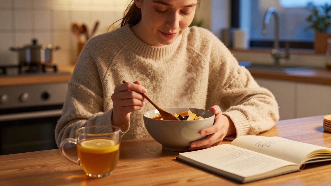 Mulher sentada na cozinha a comer uma tigela de sopa quente enquanto lê um livro aberto à sua frente.