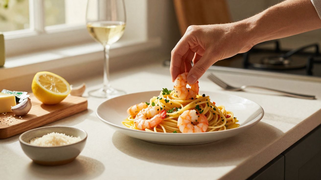 Mão a colocar camarão em prato de esparguete com camarões, limão, alho, queijo e copo de vinho branco na bancada.