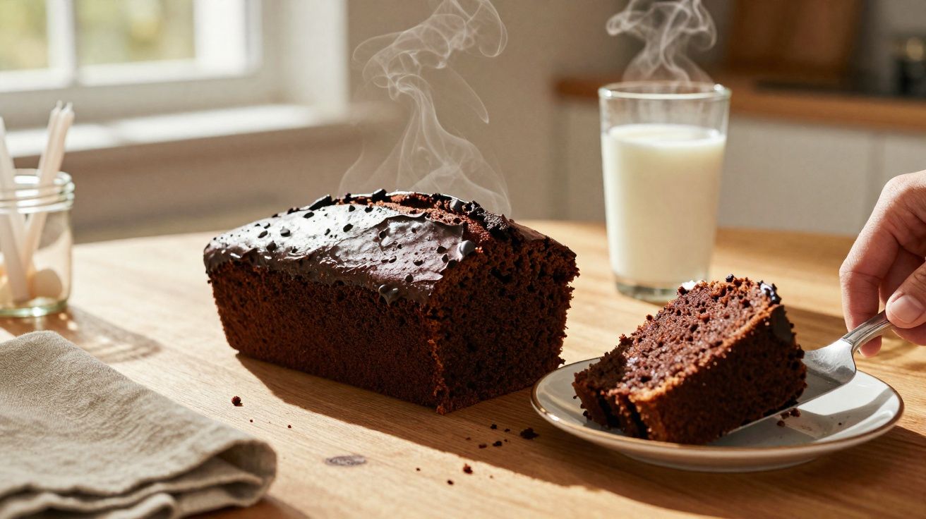 Pão de ló de chocolate fumegante com uma fatia servida numa colher, copo de leite ao fundo numa mesa de madeira.