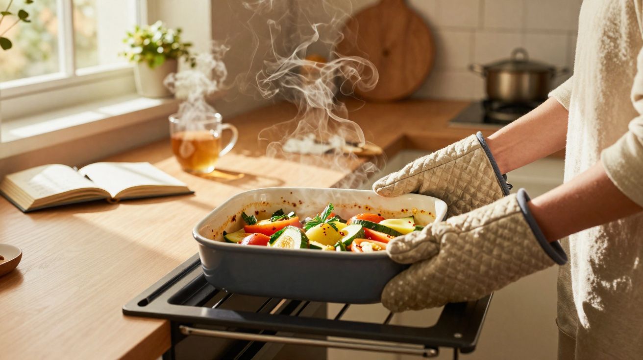 Pessoa com luvas de forno a retirar prato quente de legumes cozinhados do forno numa cozinha iluminada.