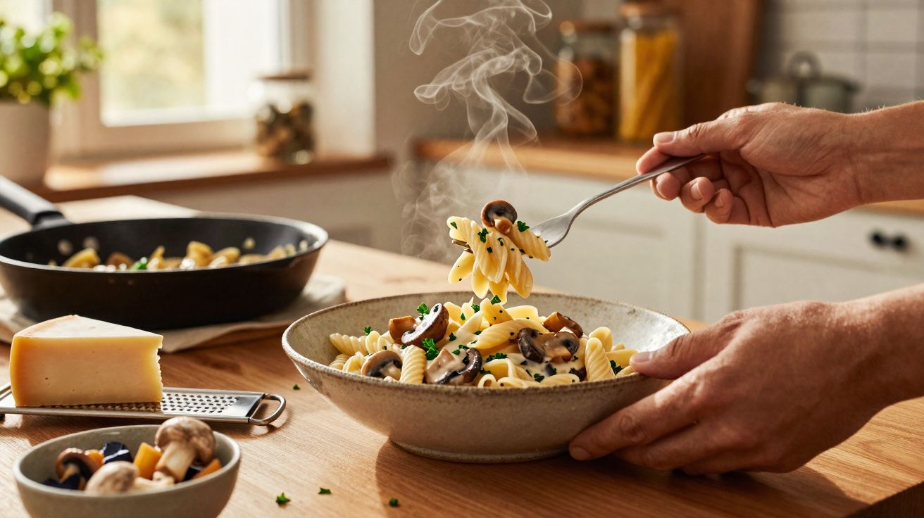 Prato de massa fusilli com cogumelos e ervas frescas, fumegante, servido numa tigela rústica na cozinha.