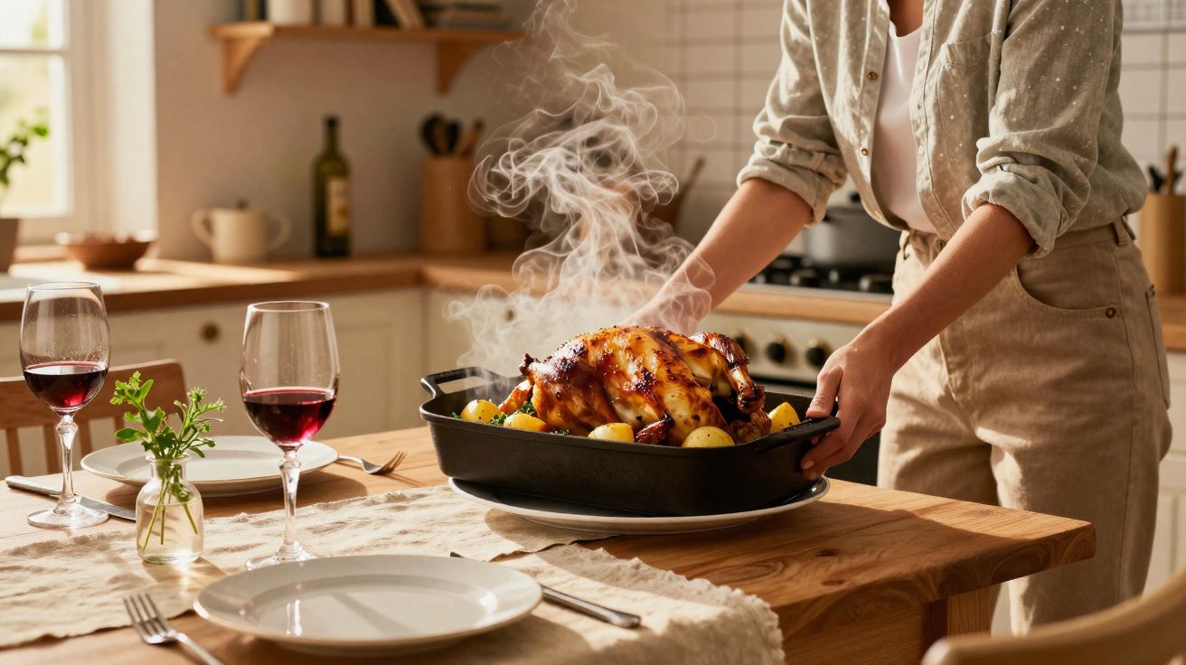 Pessoa a servir frango assado fumegante com batatas num tabuleiro preto numa mesa de jantar preparada.