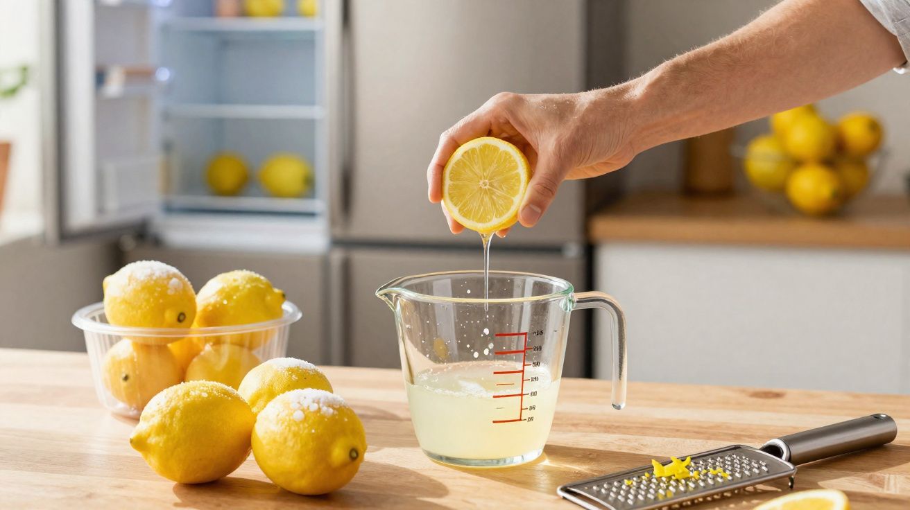 Mão a espremer meio limão para dentro de um copo medidor com limões e ralador em mesa de cozinha.