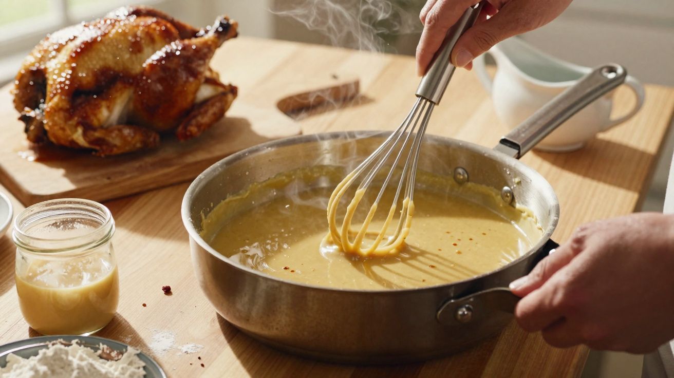 Mãos a mexer molho quente numa panela com frango assado e ingredientes na mesa de madeira.